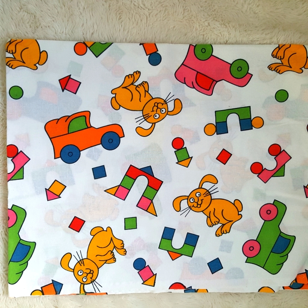 Vintage fabric. Bold neon print.  Toys Kids Orange Green. Blue. Rabbit. Car.